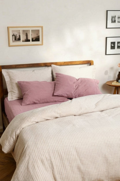 Linen bedding set in Beige Striped