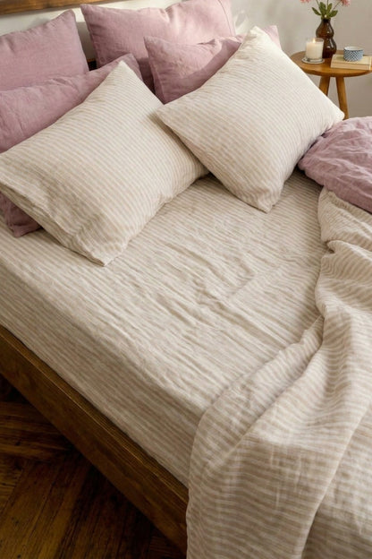 Linen sheets set in Beige Striped