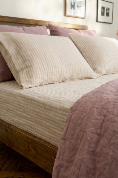 Linen sheets set in Beige Striped
