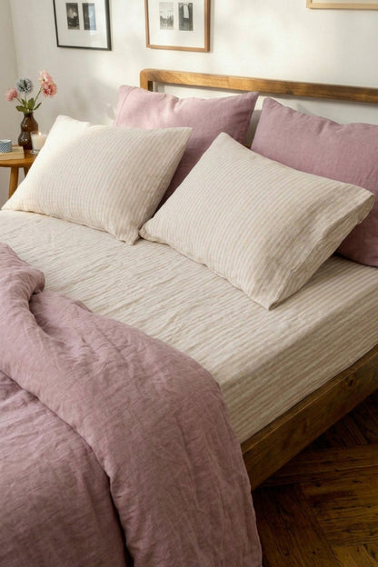 Linen sheets set in Beige Striped