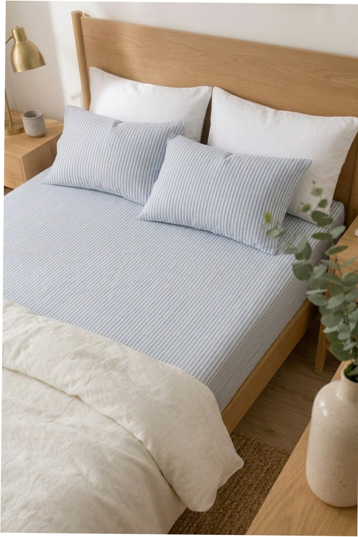 Linen flat sheet in Blue Striped