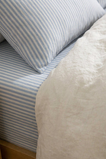 Linen flat sheet in Blue Striped