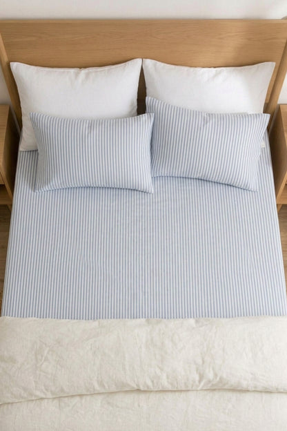 Linen flat sheet in Blue Striped