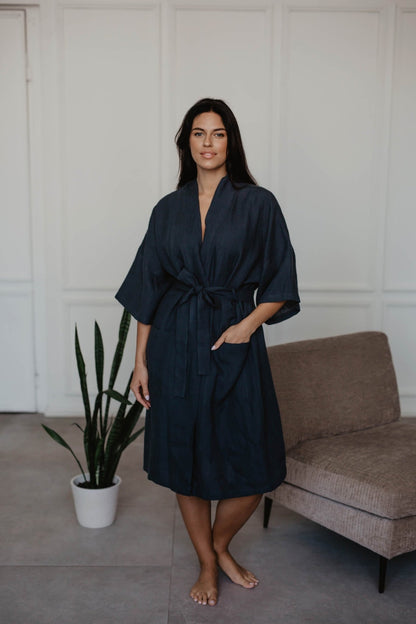 Linen bathrobe Midnight - Her Linen